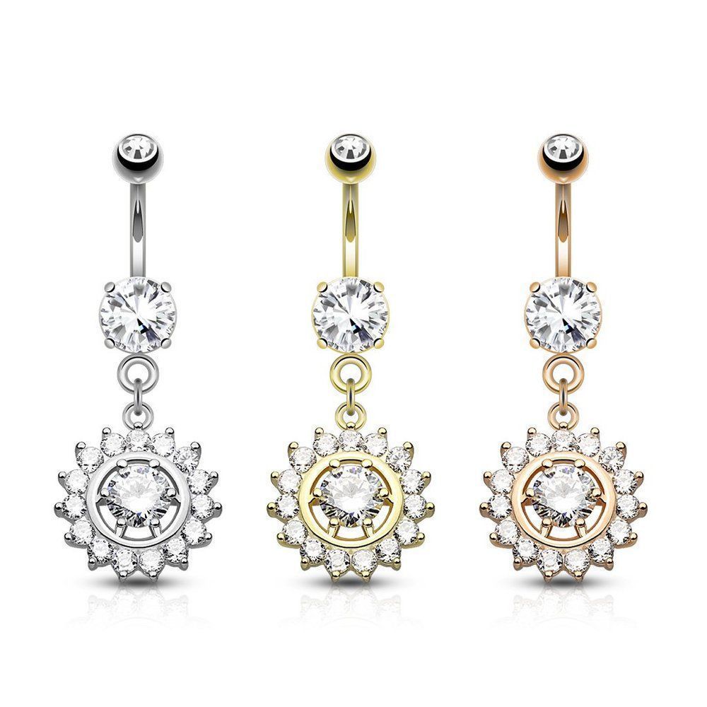 Claw Set CZ Around CZ Center Dangle 316L Surgical Steel Belly Button Navel Rings